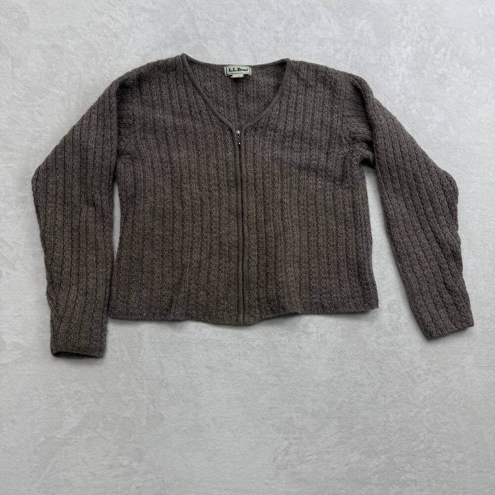 L.L. Bean Women's Cardigan Sweater Brown Size Medium Wool Ribbed Knit V-Neck